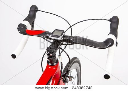 Sport Concepts. Upper View Of Professional Carbon Road Bike With Deep Profile Carbon Aero Wheelset. 