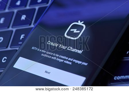 New York, Usa - July 6, 2018:create Igtv Channel  In Instagram Menu On Smartphone Screen Lay On Lapt