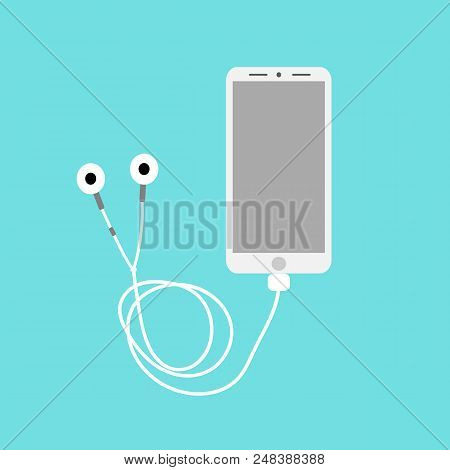 Smart Phone With Earephones On A Bluebackground. (top View).