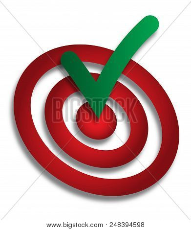 Green Done Check Mark Hitting The Middle Of Dartboard. Accomplish, Done Conceptual Symbol, Icon, Sig