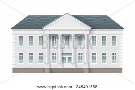 Front View Of Administrative Governmental Building. Traditional Classic Architecture Of Building Wit