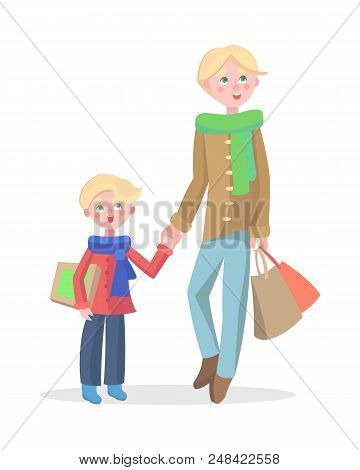 Family Shopping Cartoon Concept Isolated On White Background. Young Blonde Man Make Purchases With C