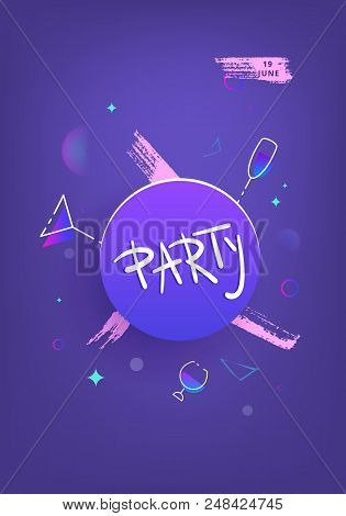 Party Banner With Round Badge And Wineglassees Shape. Vertical Flyer For Holiday Design. Card For So