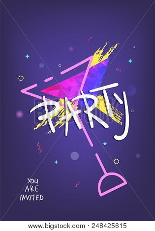 Party Banner With Wineglass Shape. Vertical Flyer For Holiday Design With Shine And Geometric Decora