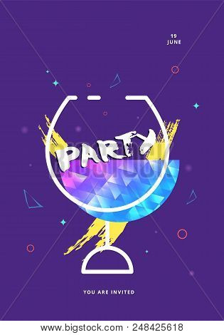 Party Banner With Wineglass Shape. Vertical Flyer For Holiday Design With Shine And Geometric Decora