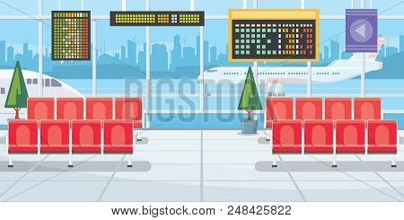Airport With Flight Departure Boards Vector Illustration. Modern Airport Waiting Room With Rows Of C