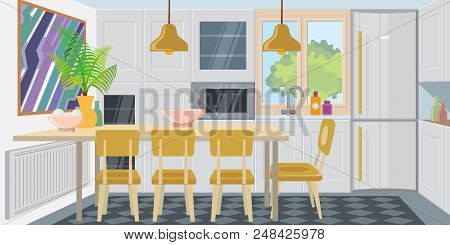 Modern Cozy Kitchen Combined With Dining Room. Comfortable Kitchen Room Equipped With Appliances. Ap