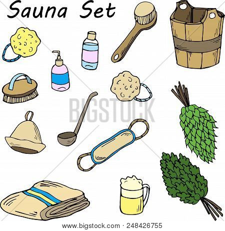 Set For Sauna. Hand Drawn Items For Bath.