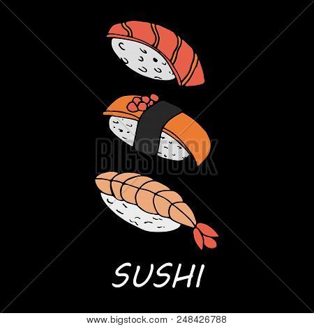 Sushi With Shrimp, Salmon And Tuna On Black Background
