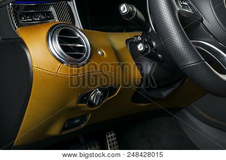 Ac Ventilation Deck In Luxury Modern Car Interior. Modern Car Interior Details With Orange And Black