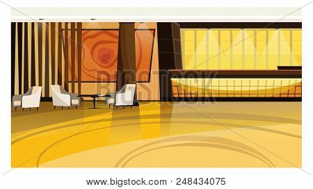 Hotel Lobby Vector Illustration. Office, Reception, Hallway, Counter, Armchair. Interior Concept. Ca