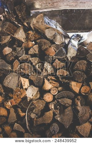 Pile Of Firewood. Preparation Of Firewood For The Winter And Use For Cooking, Firewood Background, S