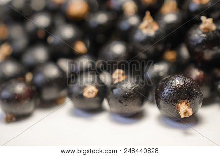 Dripping Black Cuurant On White Texture. Close-up Photo.