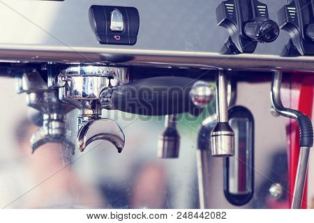 Close-up Barista Workplace, Coffee Machine Making Coffee. Preparation And Service Concept, Toned Ima