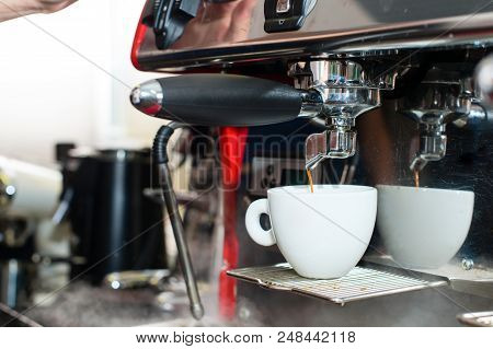 Barista Workplace, Coffee Machine Making Coffee. Preparation And Service Concept