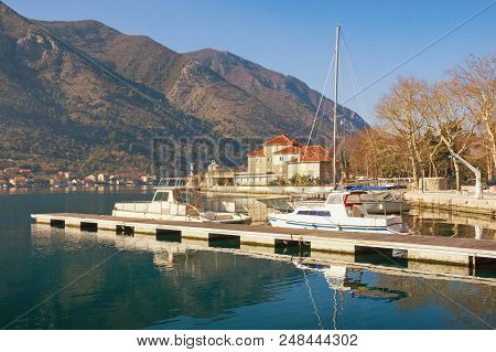 Sunny Winter In Montenegro. View Of Bay Of Kotor And Building Of The Institute Of Marine Biology In 