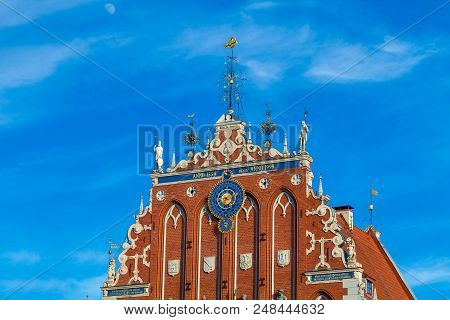 Riga, Latvia - May 06, 2017: View On The Top Of The Blackheads Houseis Located In The City Center Of