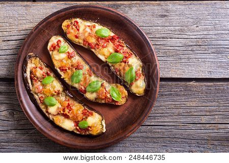 Healthy Food . Eggplant With Tomatoes , Cheese And Basil