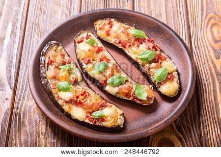 Healthy Food . Eggplant With Tomatoes , Cheese And Basil