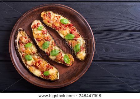 Healthy Food . Eggplant With Tomatoes , Cheese And Basil