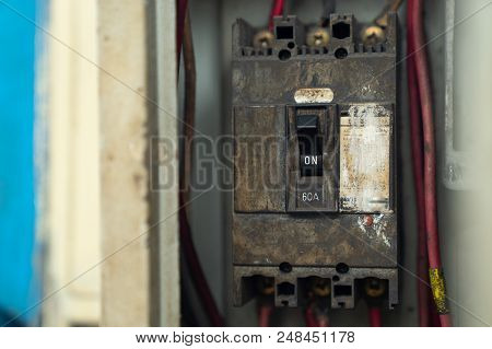 Old And Dirty Breakers Switch In Electric Box, Circuit Breakers, Electrical Panel, Switch With Wires