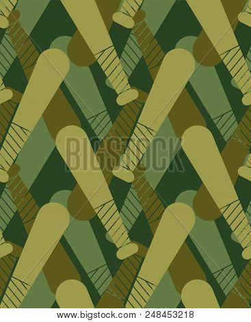 Baseball Bat  Military Pattern Seamless. Sports Stick  Khaki Soldiery Texture. Green Camouflage Army