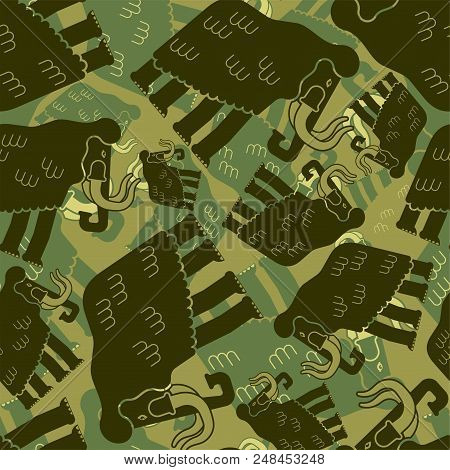 Mammoth Military Pattern Seamless. Prehistoric Elephant Khaki Soldiery Texture. Green Camouflage Arm