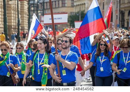 Prague, Czech Republic - July 1, 2018: Brazilian Visitors Parading At Sokolsky Slet, A Once-every-si