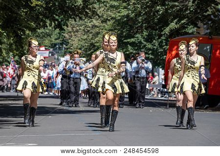 Prague, Czech Republic - July 1, 2018: Majorettes Parading At Sokolsky Slet, A Once-every-six-years 