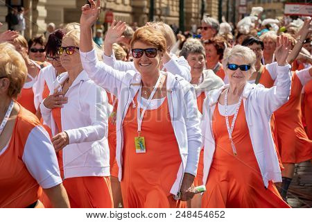 Prague, Czech Republic - July 1, 2018: Women Parading At Sokolsky Slet, A Once-every-six-years Gathe