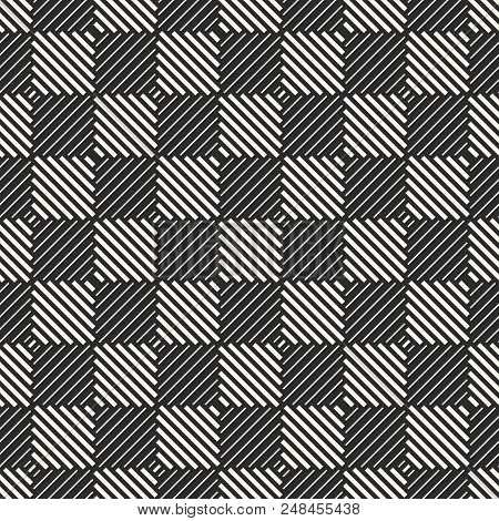 Vector Geometric Seamless Pattern With Stripes, Diagonal Lines, Squares. Abstract Black And White Ch