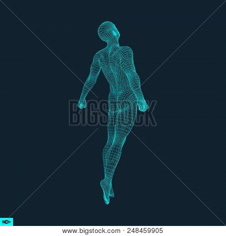 Silhouette Of A Jumping Man. 3d Model Of Man. Geometric Design. Polygonal Covering Skin. Human Body 