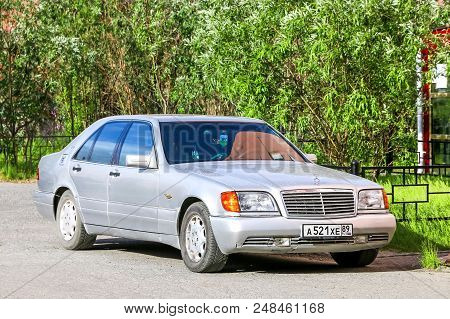 Novyy Urengoy, Russia - July 4, 2018: Silver Motor Car Mercedes-benz W140 S-class In The City Street