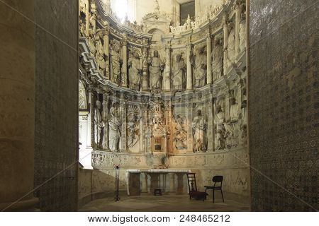 Coimbra, Portugal, June 11, 2018: Old Cathedral Of Coimbra (sé Velha De Coimbra): Detail Of The Side