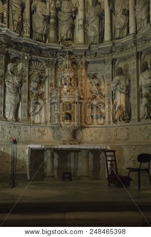 Coimbra, Portugal, June 11, 2018: Old Cathedral Of Coimbra (sé Velha De Coimbra): Detail Of The Side