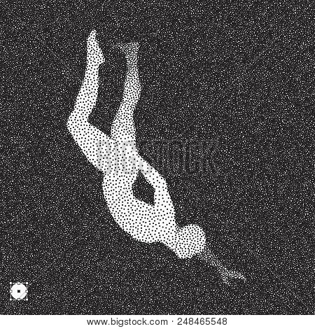 Man Falls Down From A Height. 3d Model Of Man. Black And White Grainy Dotwork Design. Stippled Vecto