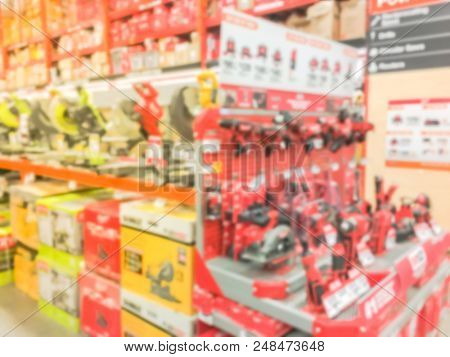 Abstract Blurred Power Tool Combo Kits At Hardware Store In America