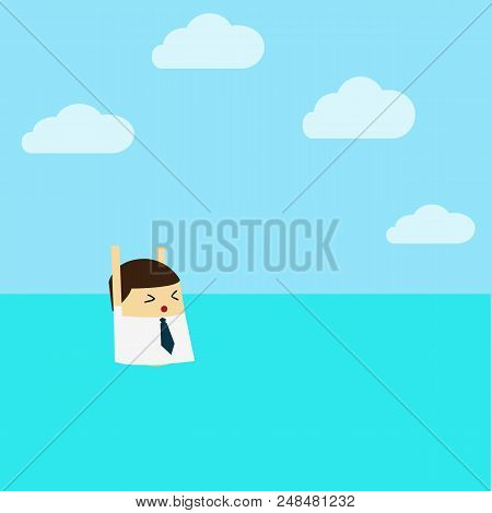 Businessman With Life Preserver. Flat Design. Cartoon Character.