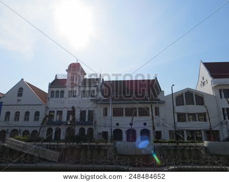 Jakarta, Indonesia - July 7, 2018: Old Buildings Beside Krukut River On Kali Besar, Kota Tua.
