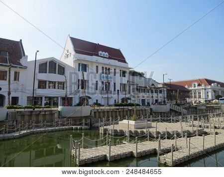 Jakarta, Indonesia - July 7, 2018: Old Buildings Beside Krukut River On Kali Besar, Kota Tua.