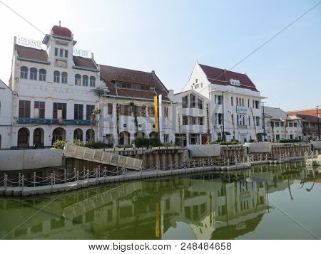 Jakarta, Indonesia - July 7, 2018: Old Buildings Beside Krukut River On Kali Besar, Kota Tua.