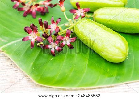 Averrhoa Bilimbi Fruit With Flowers On Banana Leaf