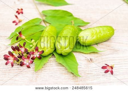 Averrhoa Bilimbi Fruit With Flowers And Leaf On Wood Background