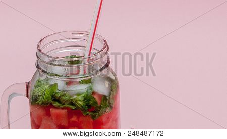 Freshness Watermelon Cocktail With Slice Of Fruit And Leaf Of Mint On Pink Background, Copy Space, C