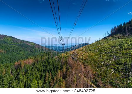 Green Hills And Funicular Cable On A Sunny Summer Day, Poland Zakopane