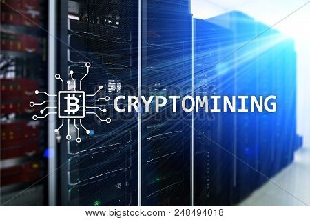 Cryptocurrency Mining Concept On Server Room Background.