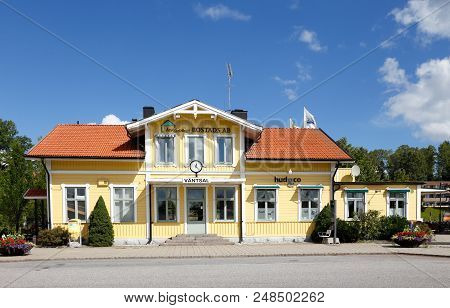 Atvidaberg, Sweden - August 21, 2017: Front View Of The Atvidaberg Railroad Station.