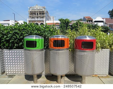 Jakarta, Indonesia - July 7, 2018: Trash Bins On Kali Besar, Kota Tua.