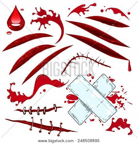 Vector Illustration, Colorful Elements, Set Decorative Objects For Halloween. Various Cuts, Scars, W