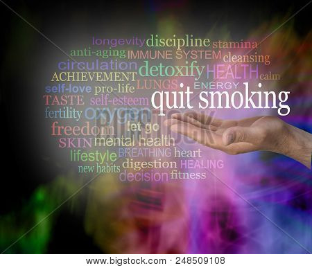 Please Consider Quitting Smoking Word Cloud - Male Hand With The Words Quit Smoking Floating Above S